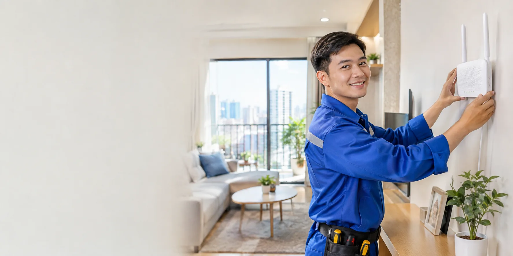 Kỹ thuật viên VNPT đang lắp đặt WiFi tại nhà khách hàng TP.HCM